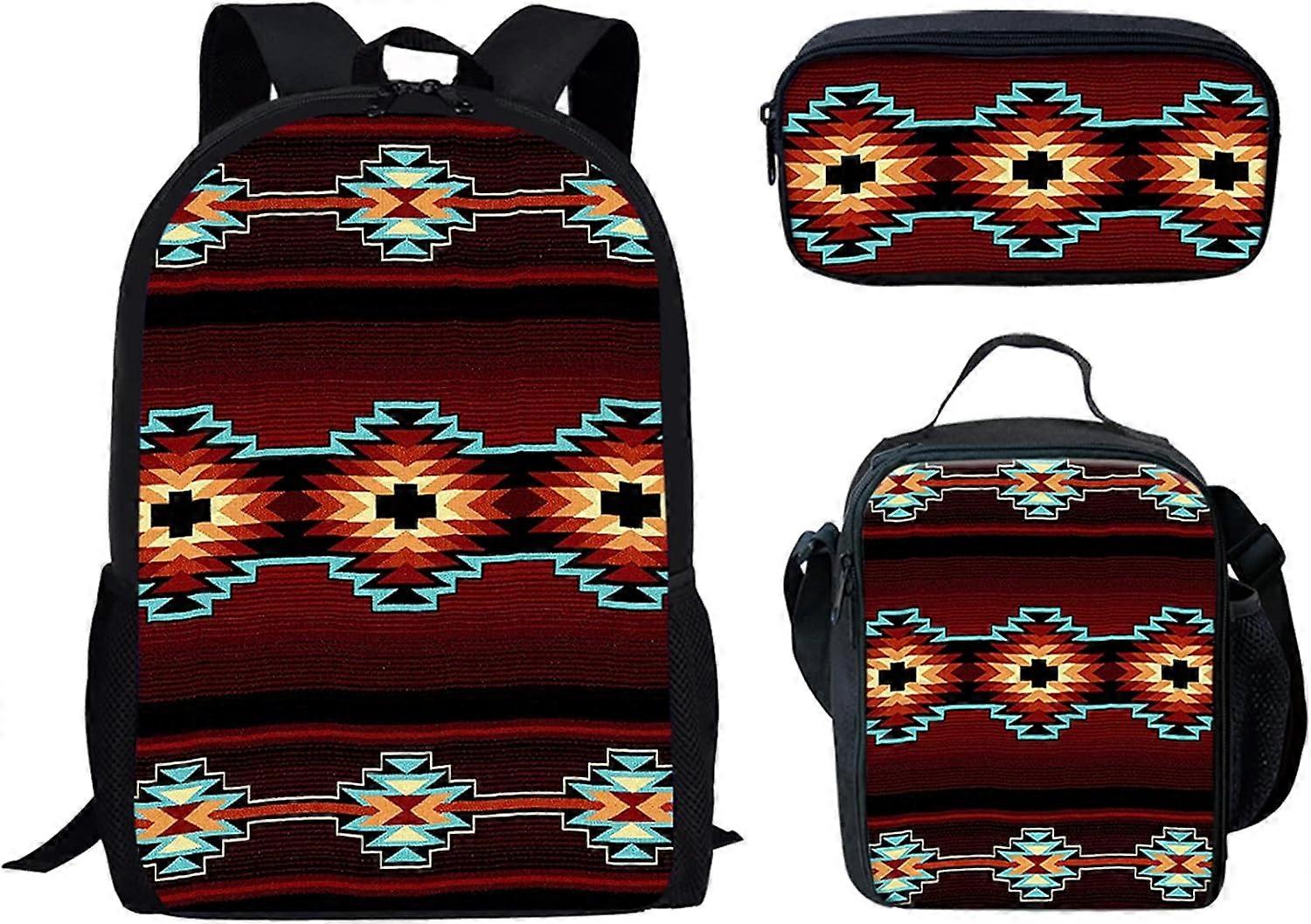 Sud-ouest natif Navajo imprimé sac à dos Combo ensemble, sac à dos préscolaire + boîte à lunch + étui à crayons léger
