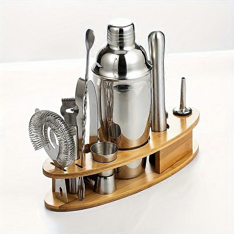 エレガントな竹スタンドと10ピースプレミアムステンレススチールカクテルシェーカーセット - 楽なドリンクミキシングのための完全なホームバーテンダーキット - に最適