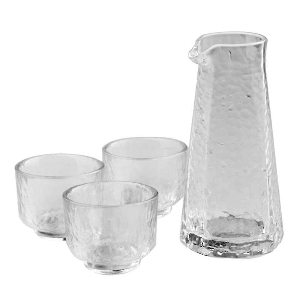 4pc Transparent Japanese Sake Jug,1 Jug 3 Glasses With Hammer Pattern