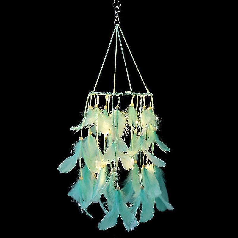 Dww-green Feather Dream Catcher Mobile With Led Fairy Lights Wall Hanging Ornaments Ceiling Decor Bohemian Wedding Boho Decorations Nursery Decor