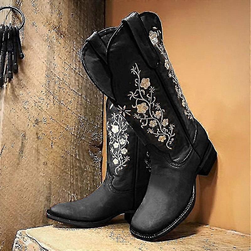 Huntarry Women's Mid Calf Cowboy Boots - Embroidered Retro Square Toe Western Boots - View #6