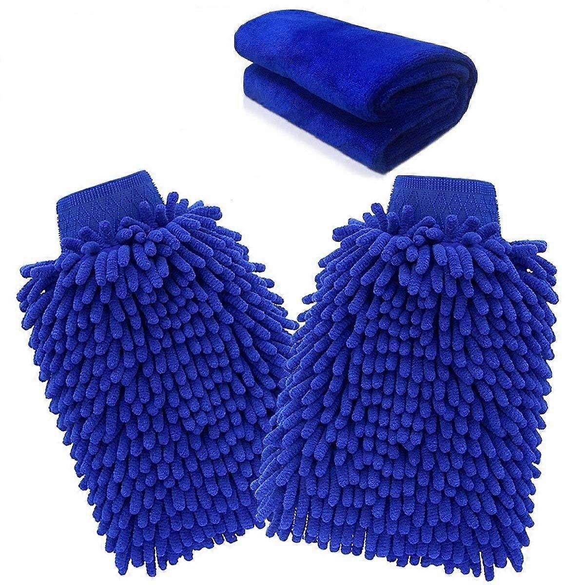 Microfiber Mitt, Car wash mitt(2-Pack) noodle Microfiber Wash Gloves car cleaning Microfiber mitt with free polishing cloth