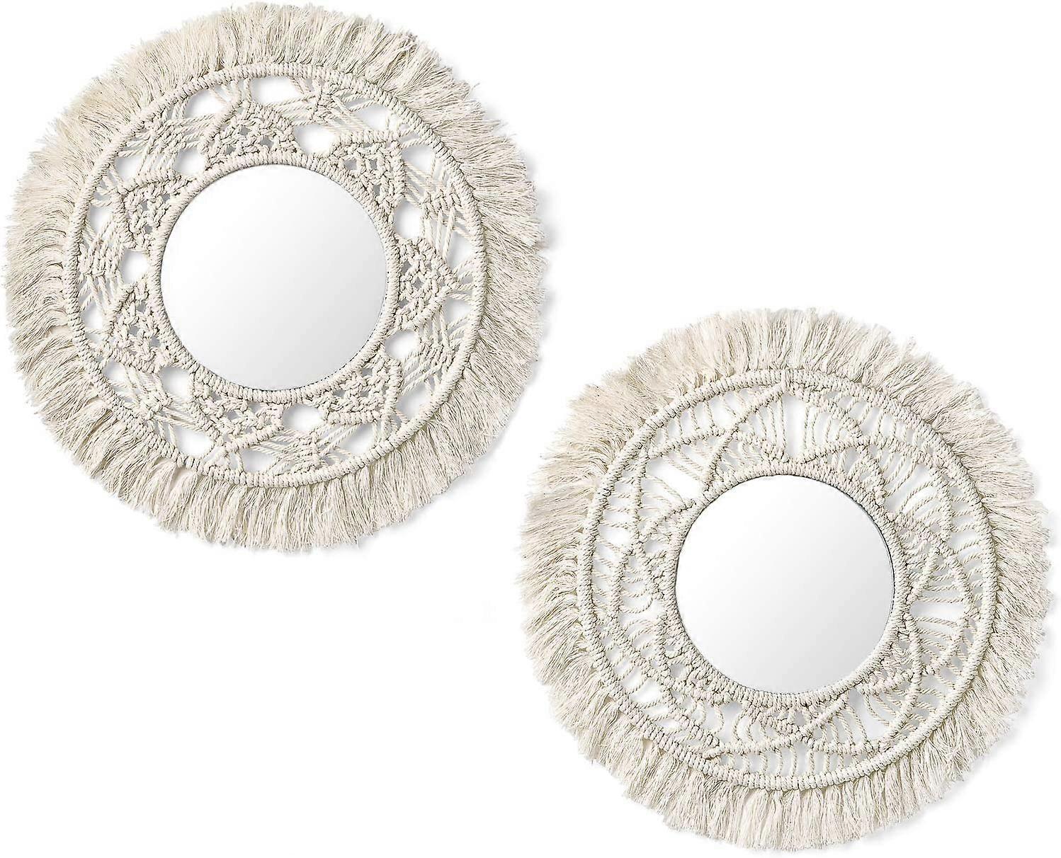 Hanging Wall Mirror with Macrame Fringe 2 Set Round