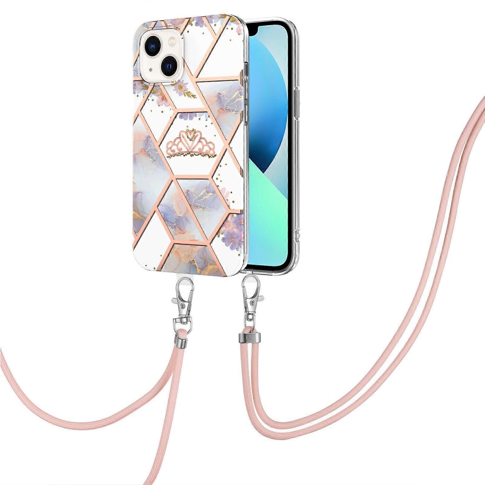 For iPhone 14 Plus Electroplating Splicing Marble Flower Pattern TPU Shockproof Case with Lanyard
