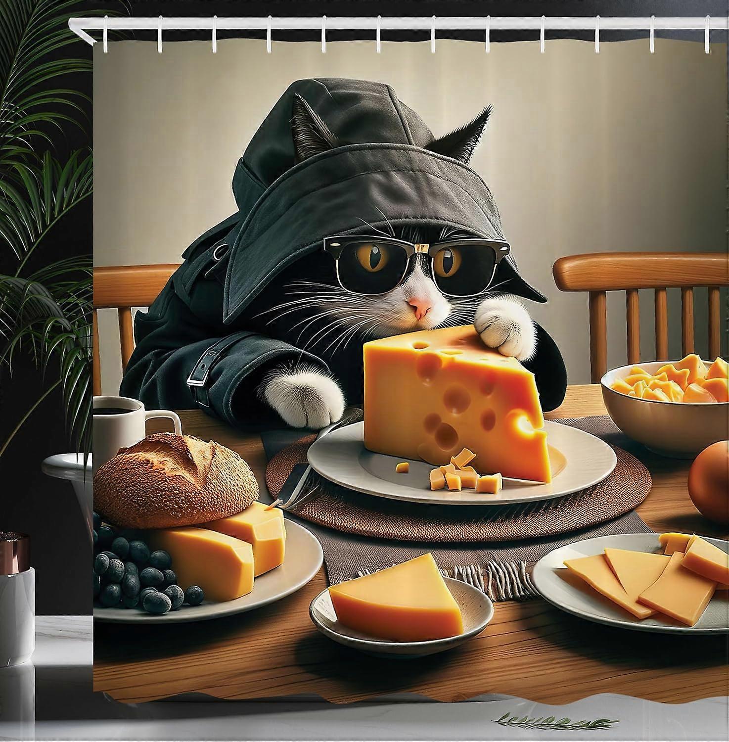Cat Shower Curtain, Whimsical Kitty in a Mysterious Trench Coat Having a Feast with Cheese, Cloth Fabric Bathroom Decor Set with Hooks,Marigold and Ch