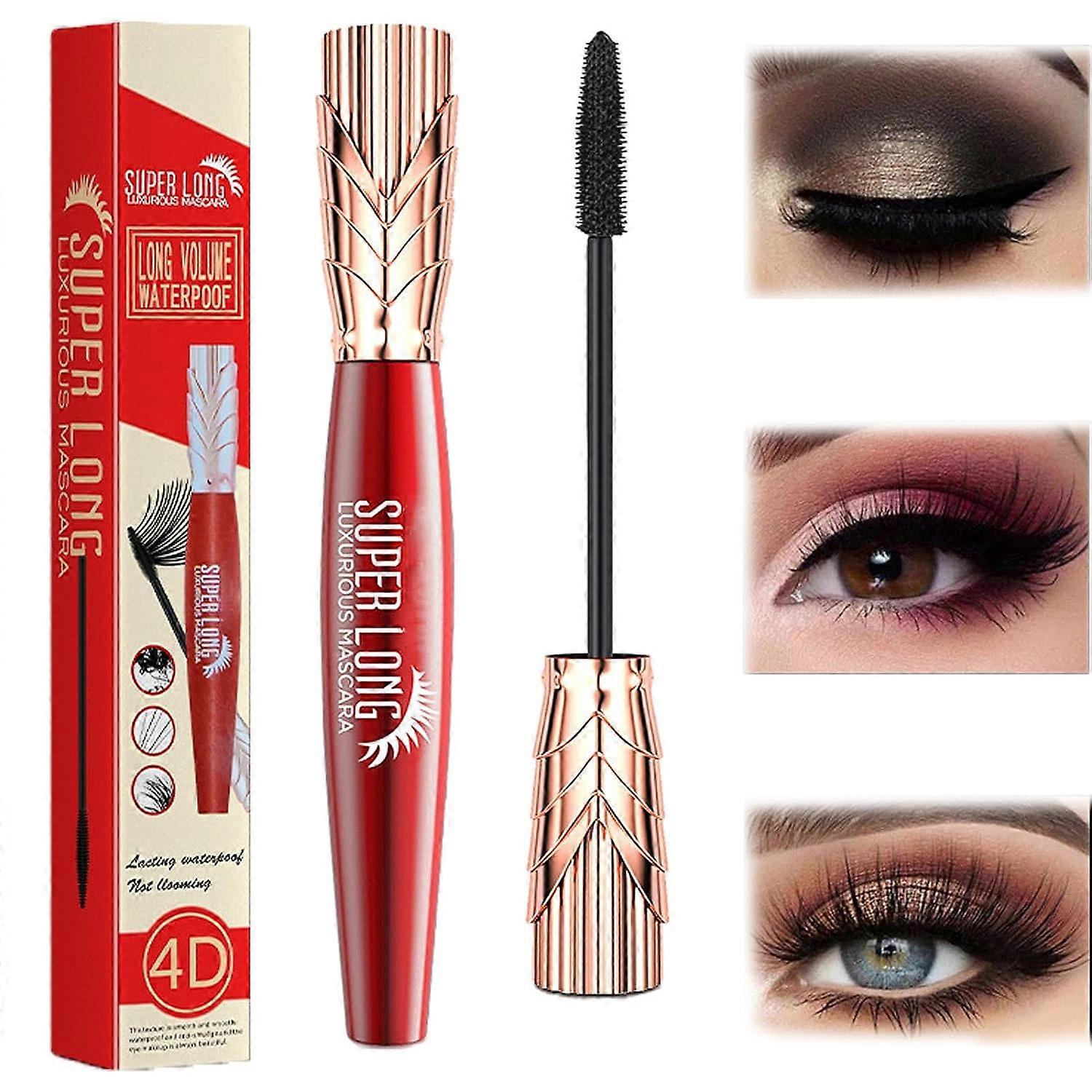 スーパーロングマスカラ、ロング&カールアップ防水マスカラブラック、4Dレテンスニングボリュームファイバーチューブラッシュマスカラメイクアップ、塊なし、8g