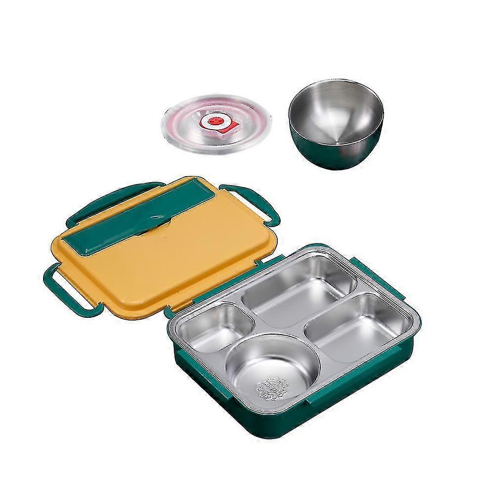 1 Set Double Layers Insulated Bento Box Divided Grid Lunch Case Food Container (yellow, Green)