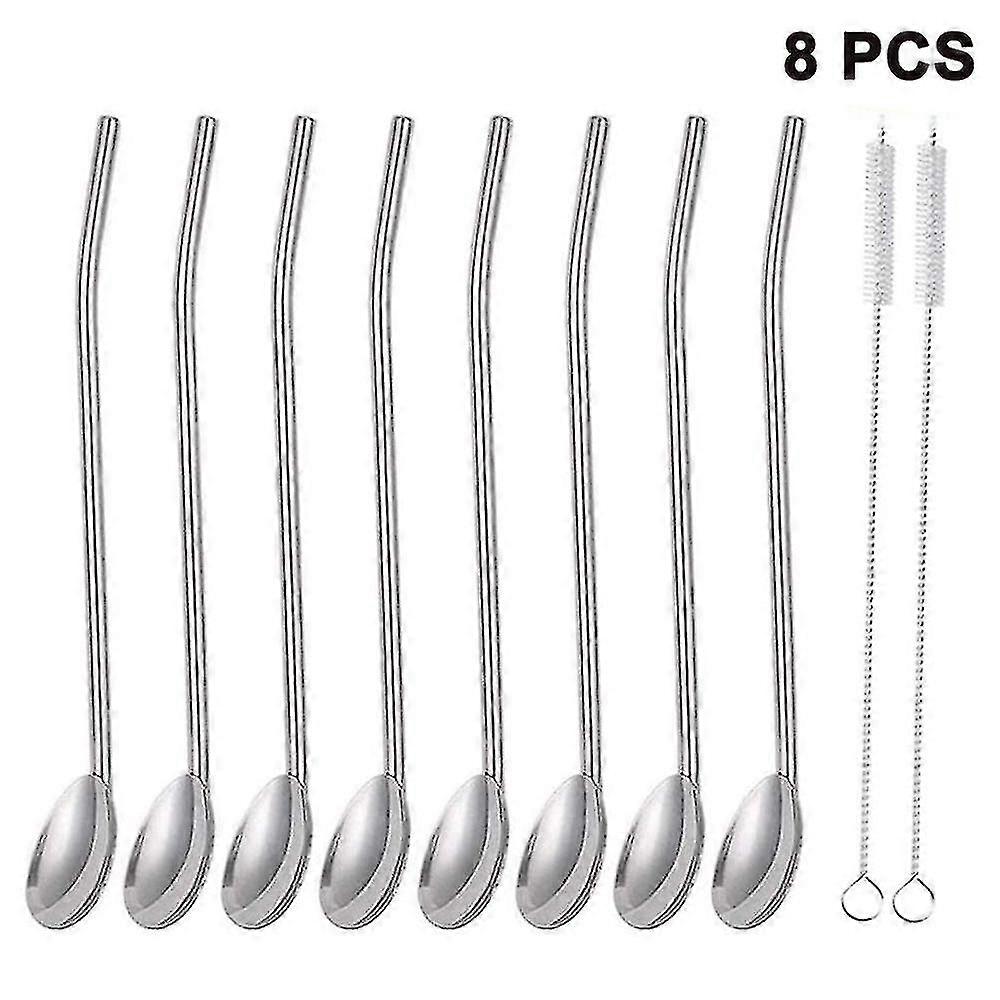 8 Pieces Of Stainless Steel Straw Spoon Oval Coffee Spoon With 2pcs Brush Reusable Fruit Sticks Stirring Spoon Tableware Straw