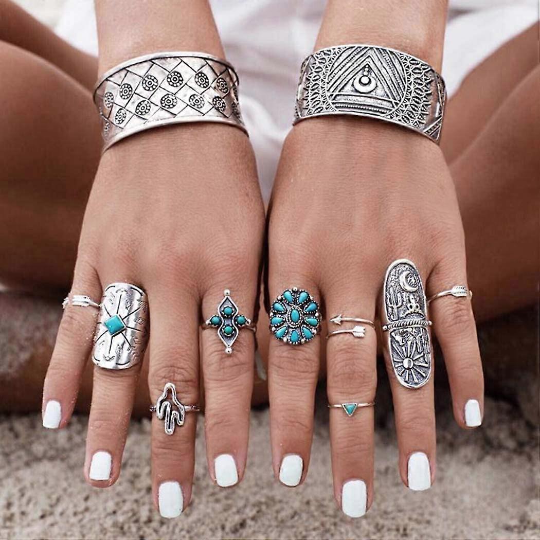 Boho Knuckle Rings Set Silver Turquoise Stackable Finger Rings Adjustable Open Ring Midi Size Joint Knuckle Ring Sets for Women and Girls 9PCS