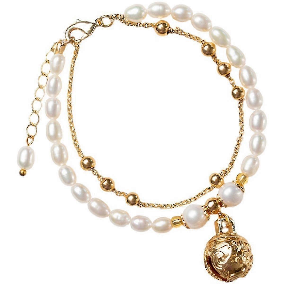 Lady Chain Bracelet Dual Layers Pearl 14K Gold Beaded Bangle with Bell