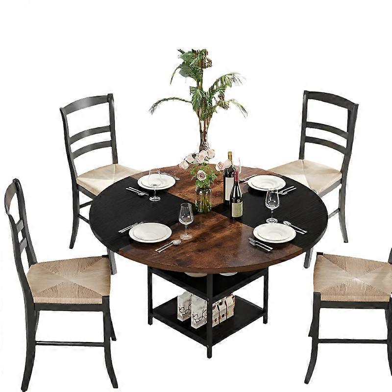 Nnetmlt Round Dining Table - Rustic Brown & Black