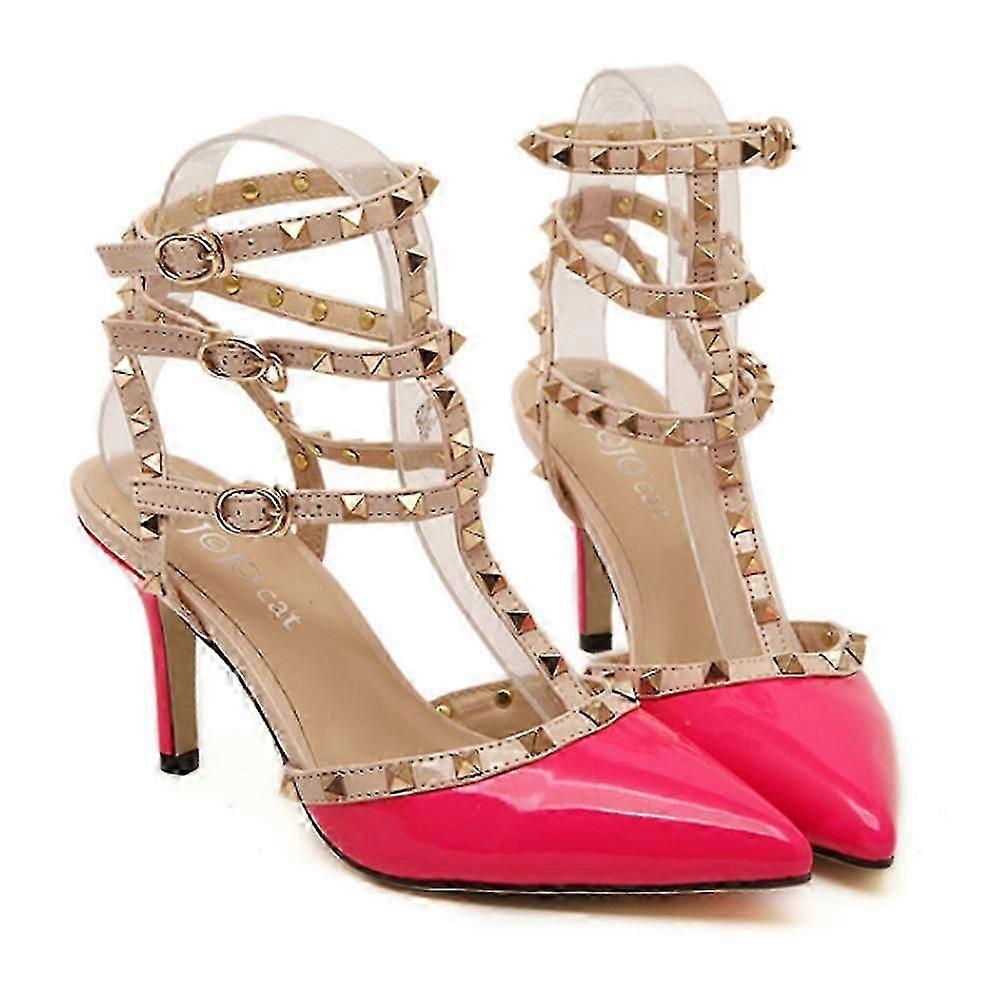 Rivet Multiple Buckle Pointed Chromatic Color Thin High Heel Sandals