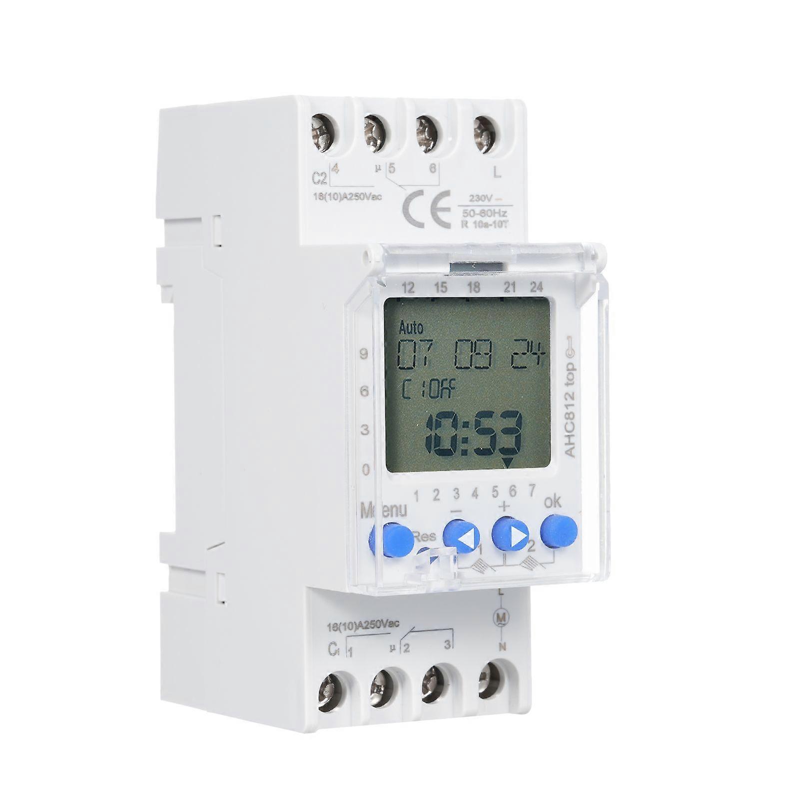 2-kanals timer programmerbar tidsbryter AHC812 230V 16A ukentlig program Digital tidsbryter Din-skinnefeste