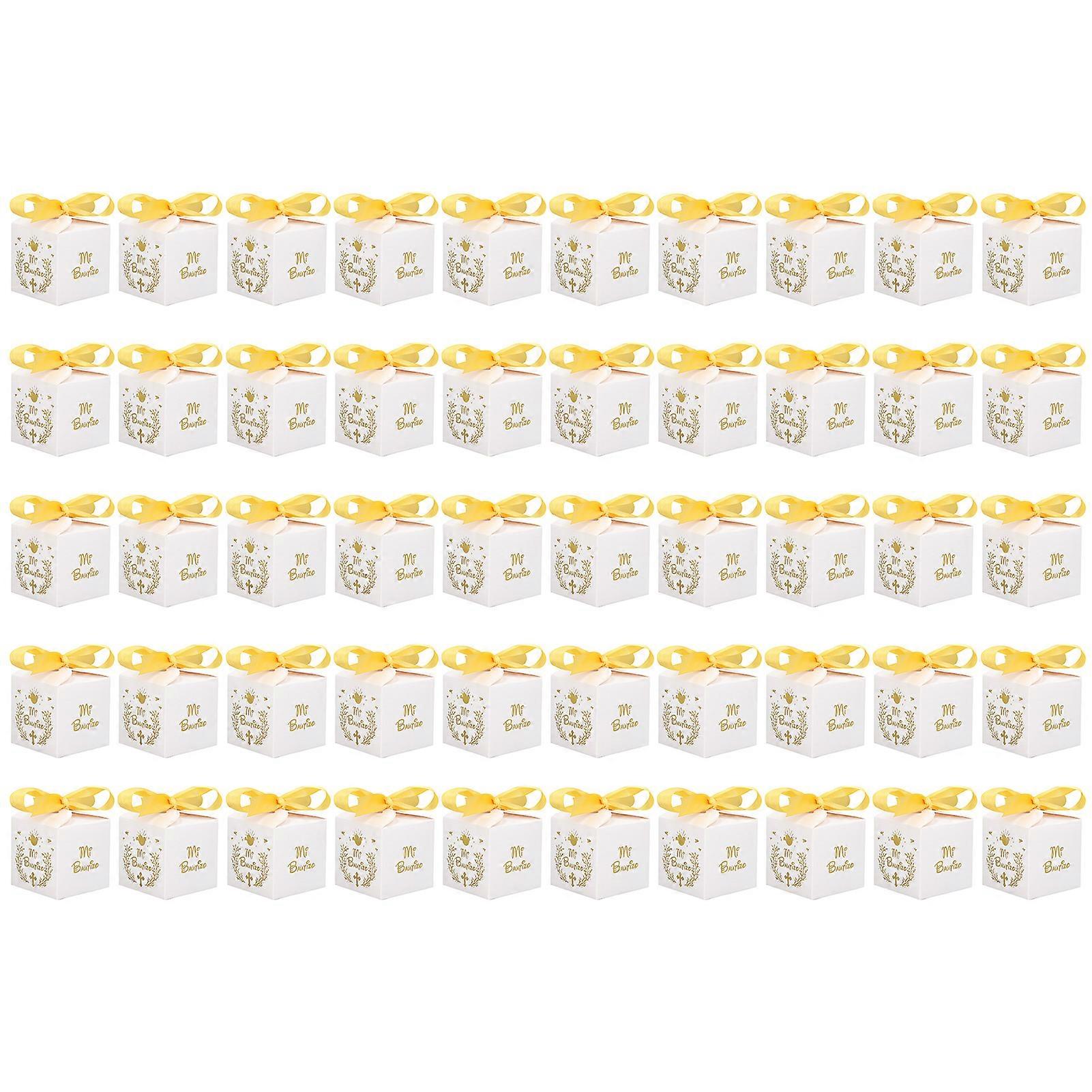 50pcs Party Favor Box Paper Material Mi Bautizo Pattern With Gold Ribbon White Wedding Party Favor Box