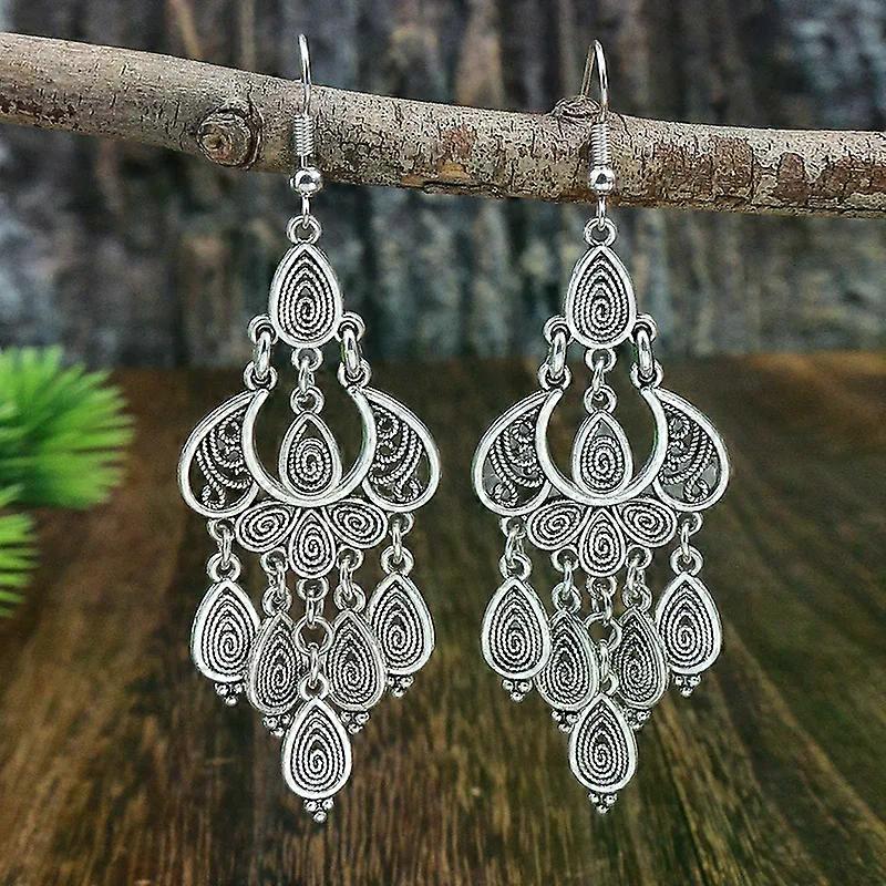 בציר אתני כסף צבע עגול מים טיפת ציצית עגילים לנשים בוהו ארוך חלול מגולף משתלשל עגיל תכשיטי Brincos