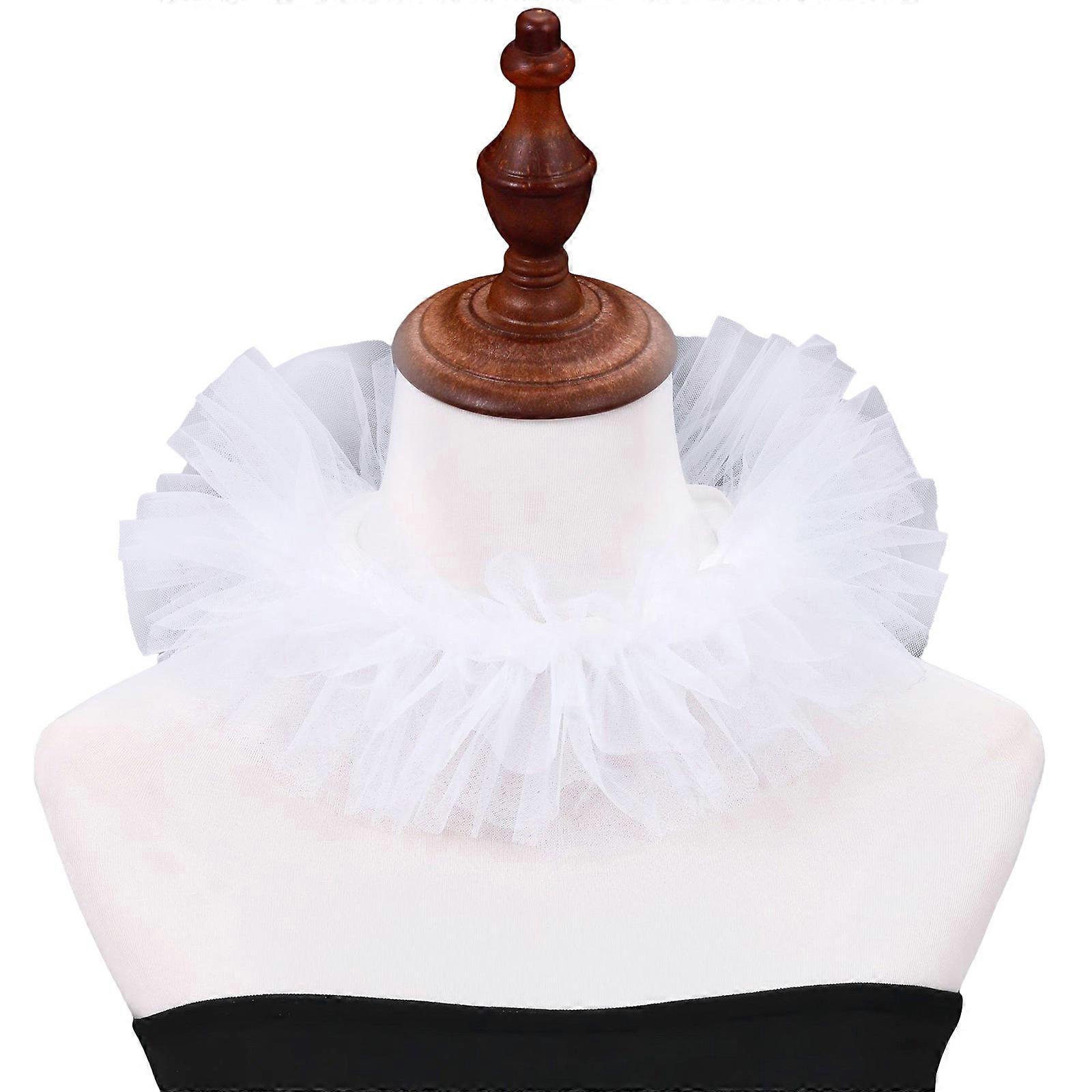 Elizabethan Ruffle Mesh Faux Collar Victorian Style Neck Ruff Clown Choker for Halloween Cosplay and Renaissances Event White