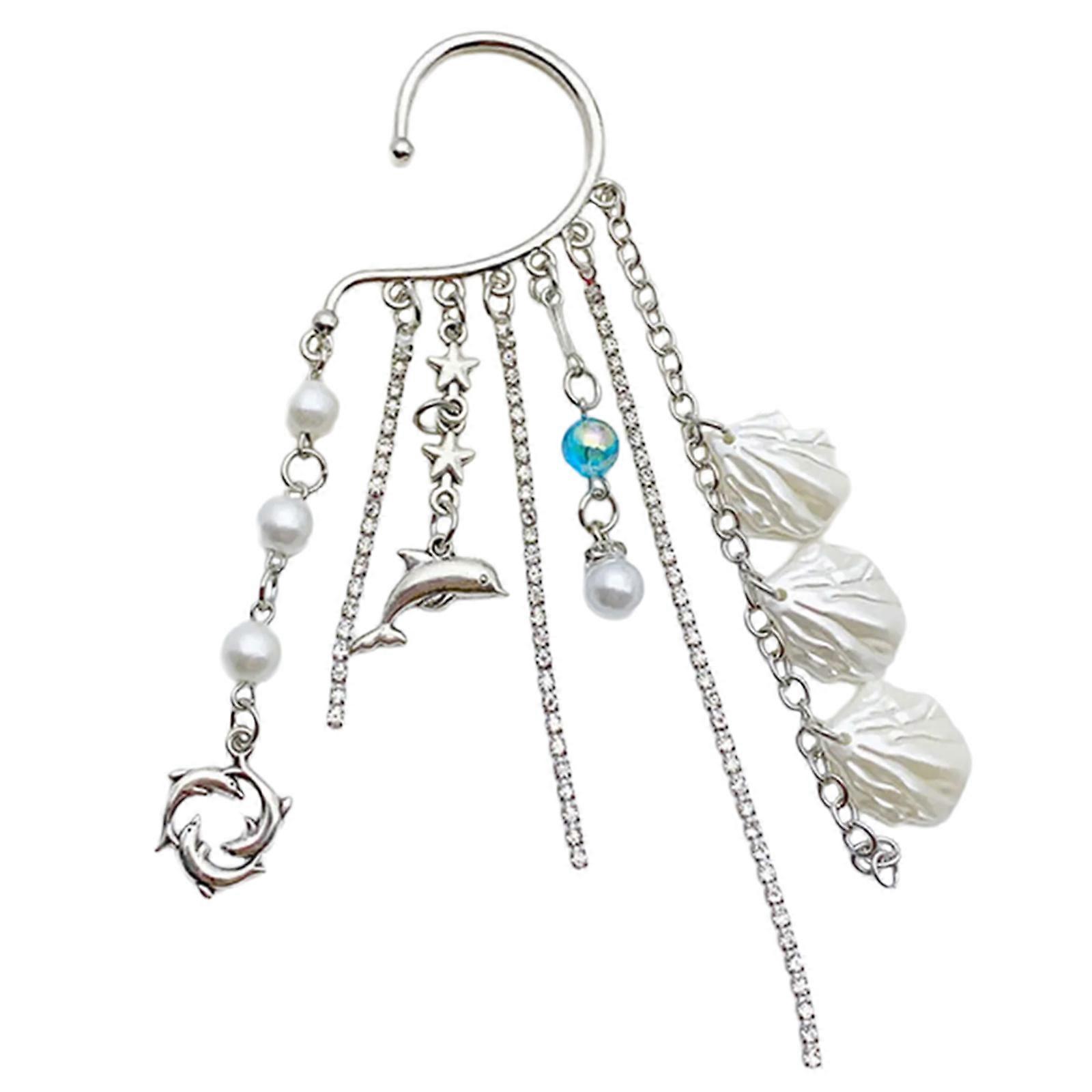 Elegant Ocean Shell Single Ear Cuff Dainty Metal Ear Hanger with Beaded Fringes and Shell for Daily Wear Dates Party