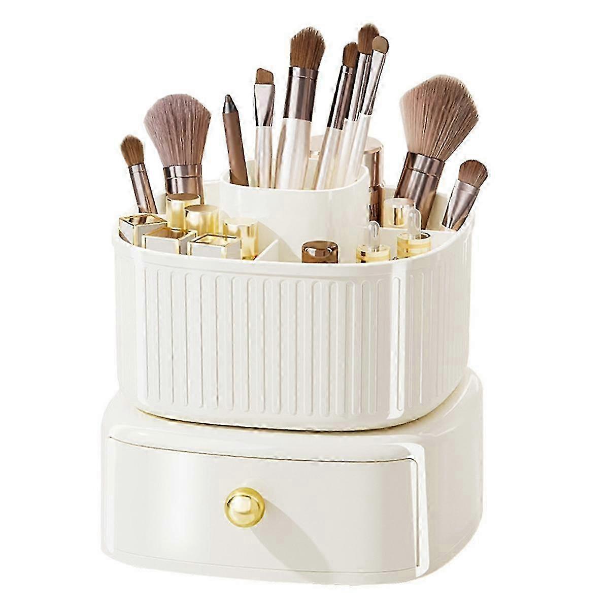 360 Degree Rotating Large Capacity Cosmetics Organizer with 5 Compartments and 1 Drawer for Makeup Brush Storage