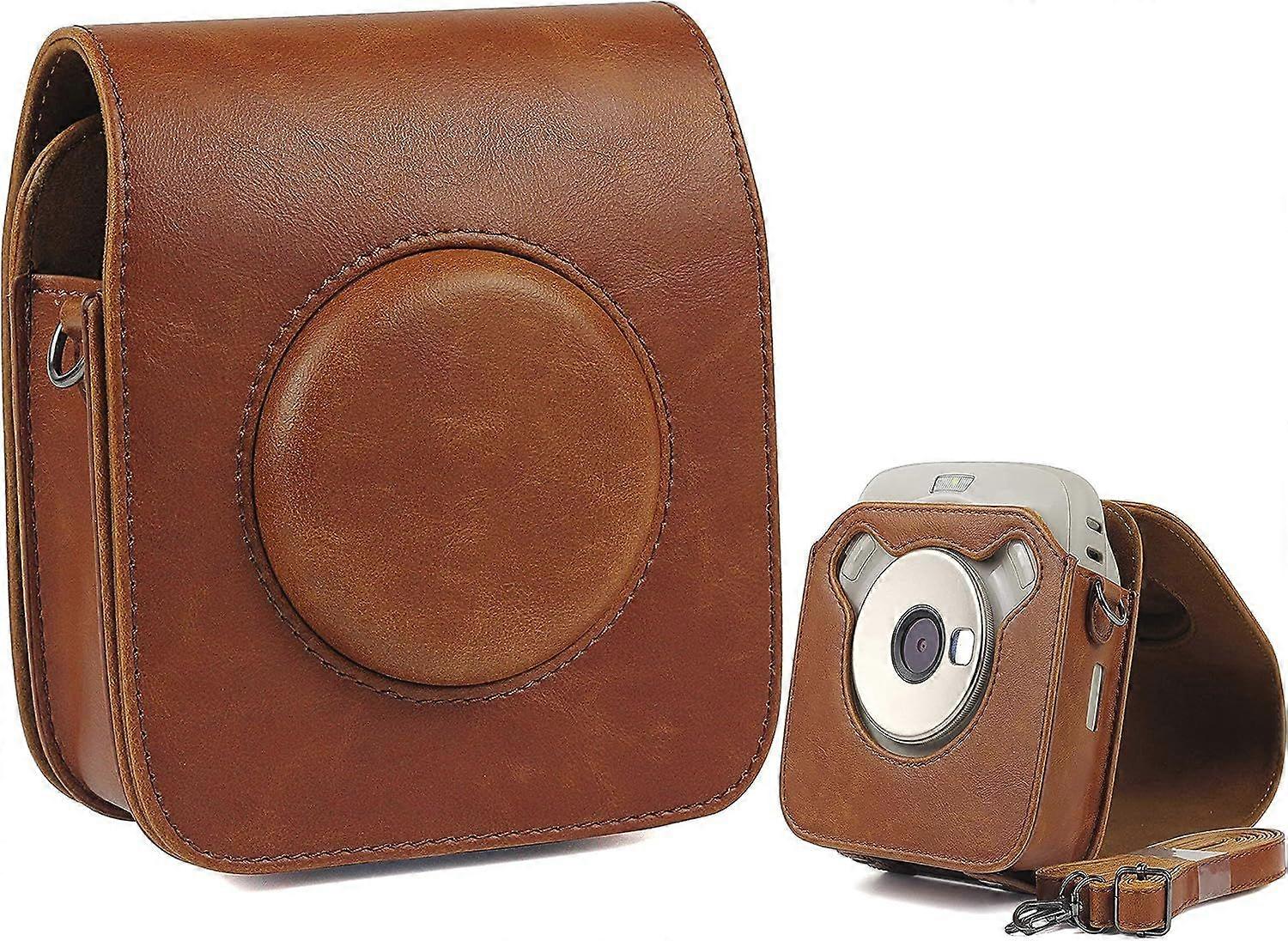 غطاء حقيبة كاميرا جلدية لفوجي فيلم سكوير SQ20 - جراب كاميرا سفر بني مع حزام كتف