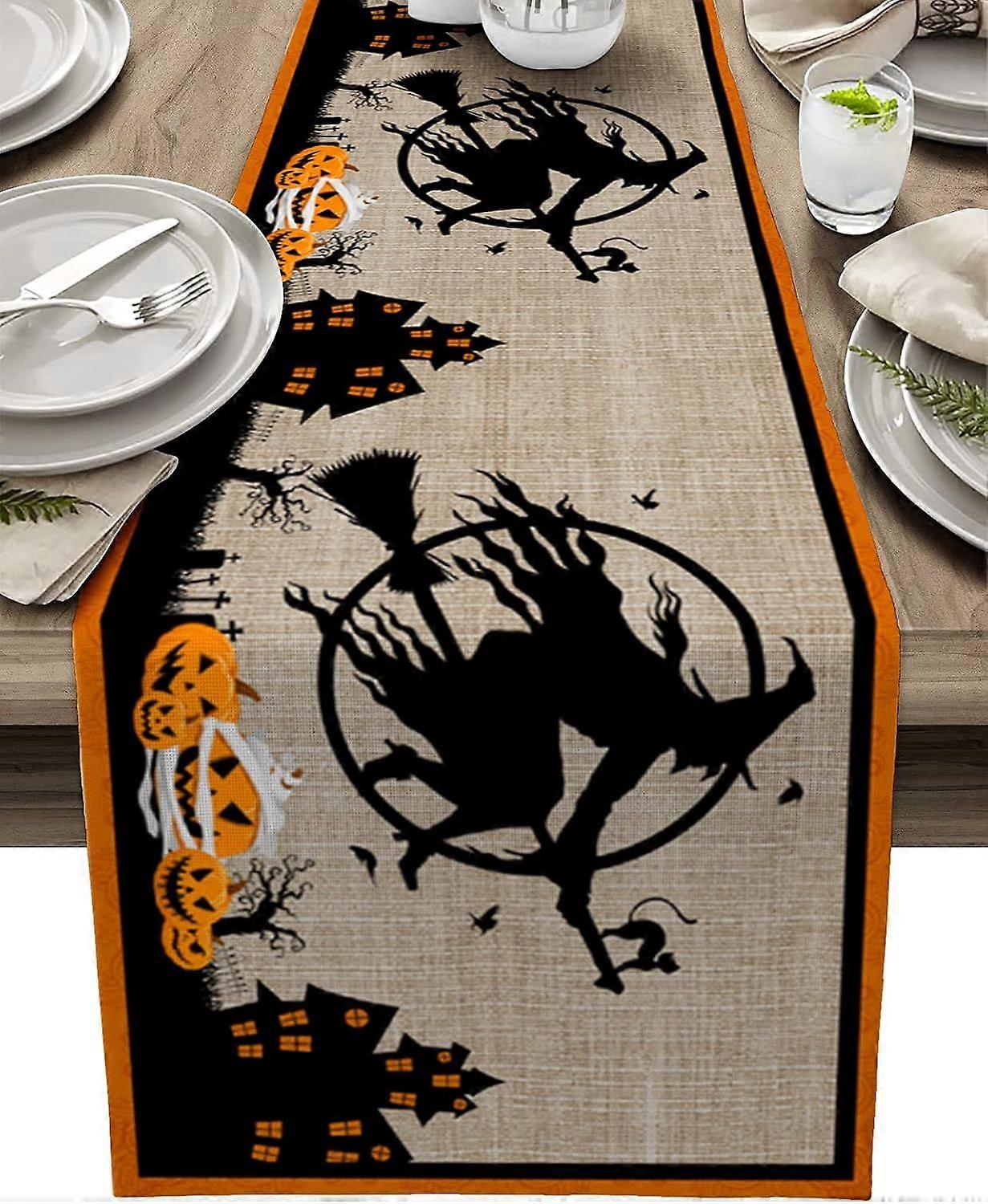 Halloween themed printed fabric table runner pumpkin witch holiday scene layout table runner