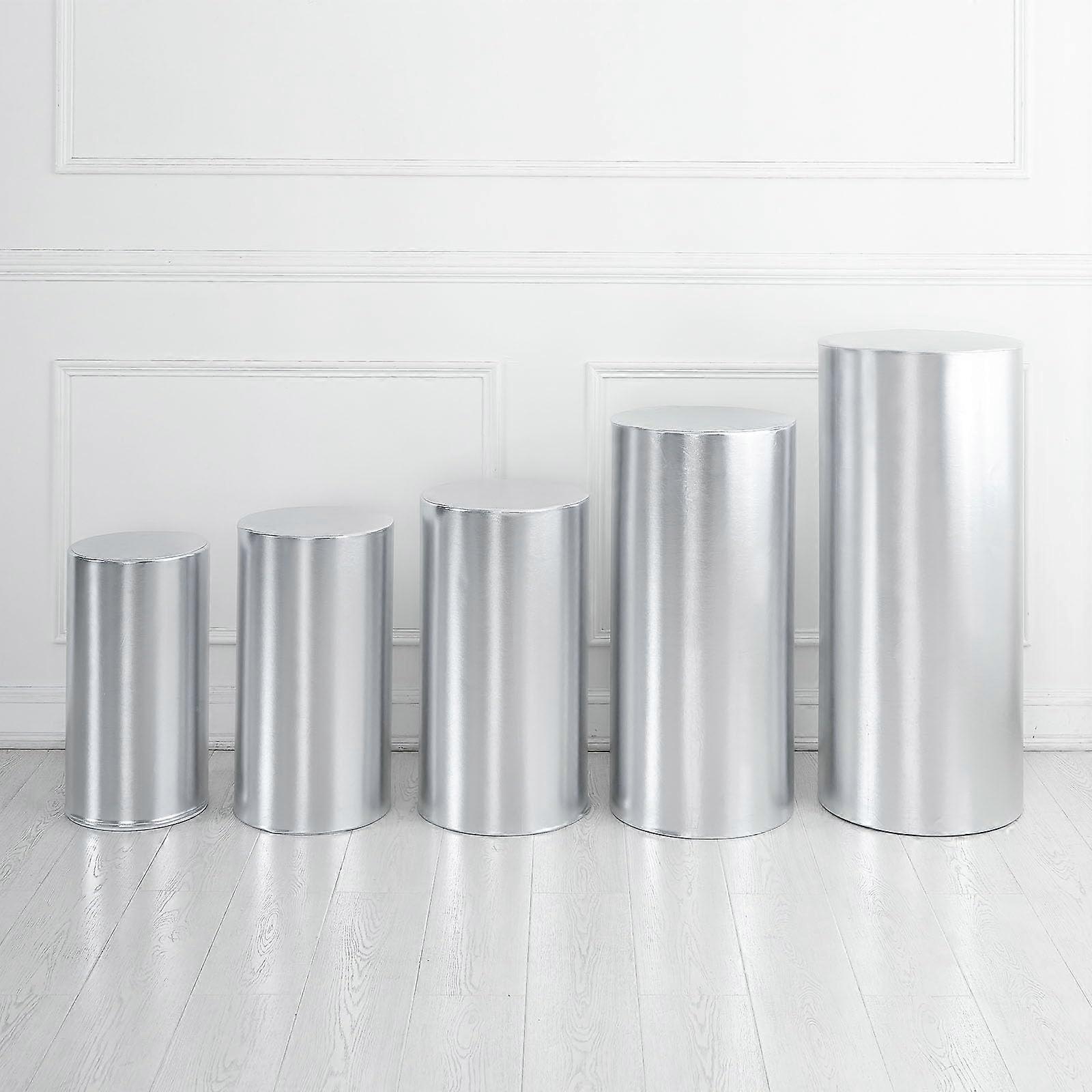Cylinder Stand Covers for Party - Silver Bronzing Elastic Slipcovers for Pedestal Stands, Set of 5, Perfect for Event Decorations