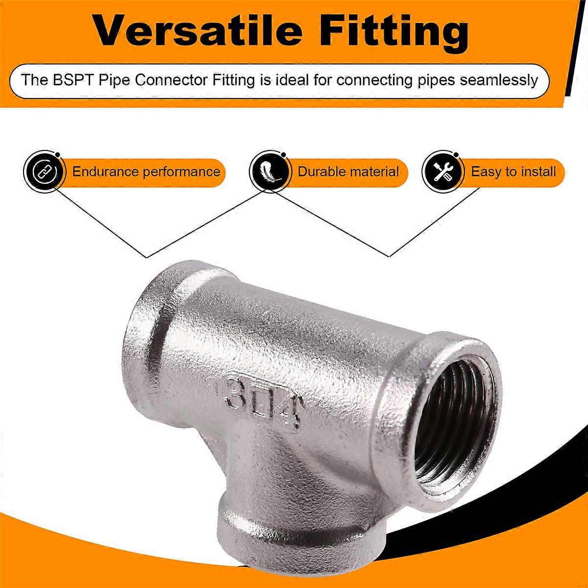 2PCS 304 Stainless Steel Female Thread Tee Connector BSPT Pipe Connector Fitting 1/2Inch BSPT Pipe C