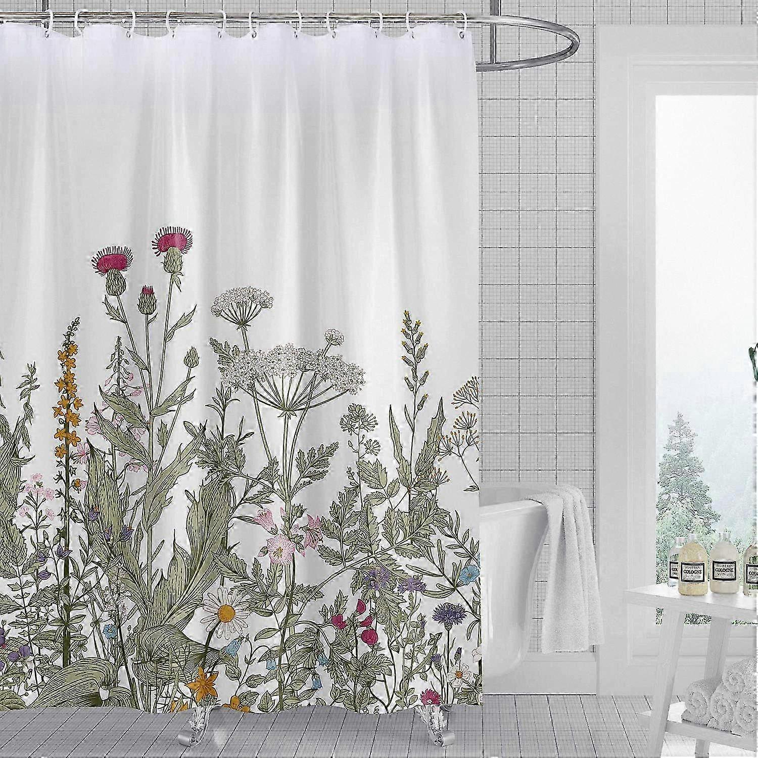 Watercolor Botanical Shower Curtain Set with 12 Hooks, Decorative Fabric Curtains featuring Floral Leaves Pattern, Machine Washable, 72 X 72