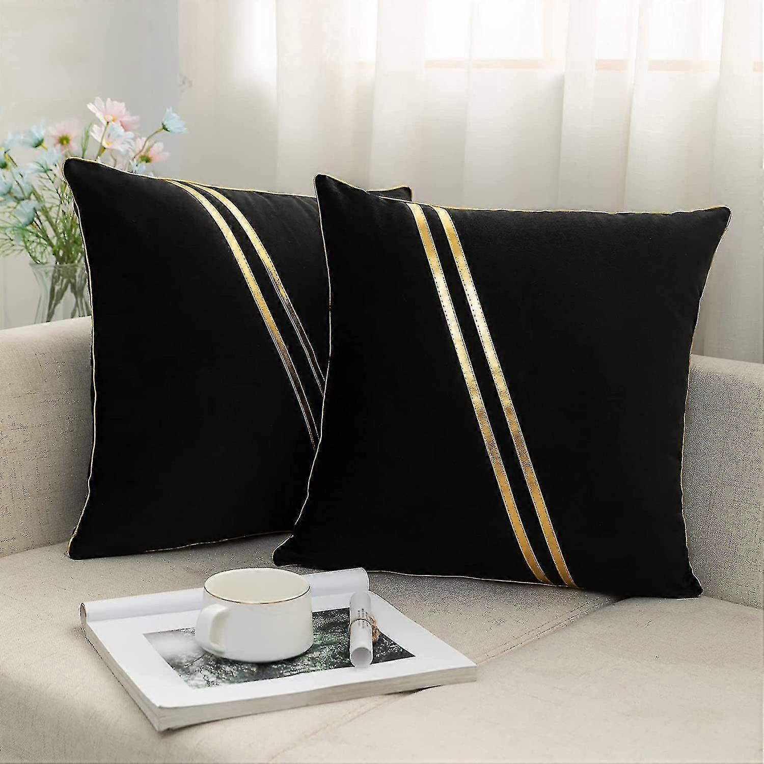 2 عبوة 45x45 سم مخملية ذهبية مخططة من الجلد الزخرفية أغطية وسادة ، أريكة ديكور غرفة نوم أسود