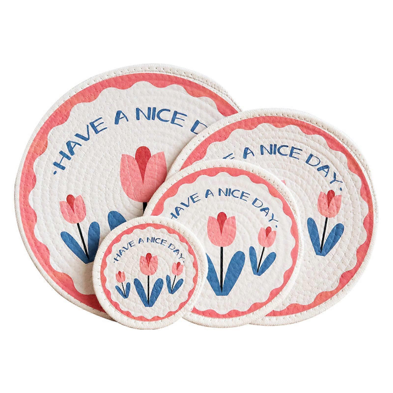 4 pieces ulation mat Nordic style tulip print cotton rope ulation pad coaster western placemat, red