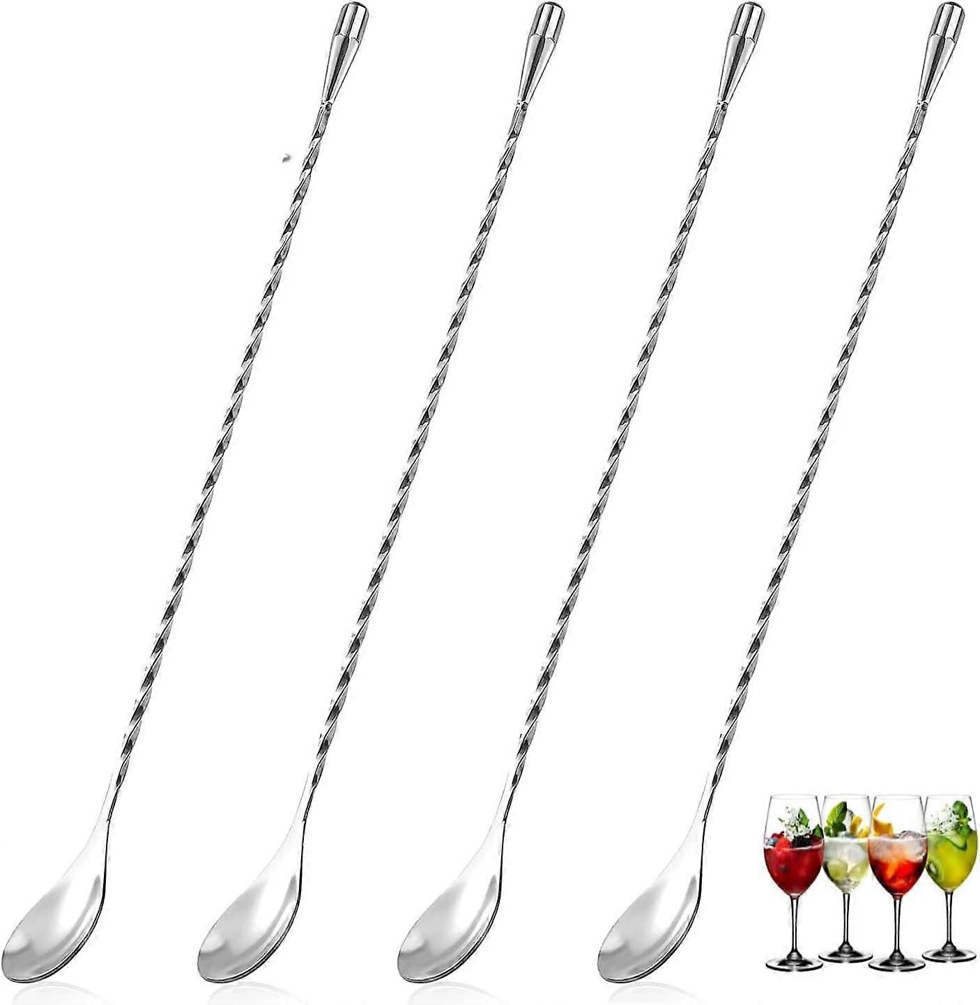 Bar Spoon Set of 4, Long Stainless Steel Cocktail Mixing Spoons, Ideal for Martinis, Coffee, and Shakers, Silver Finish