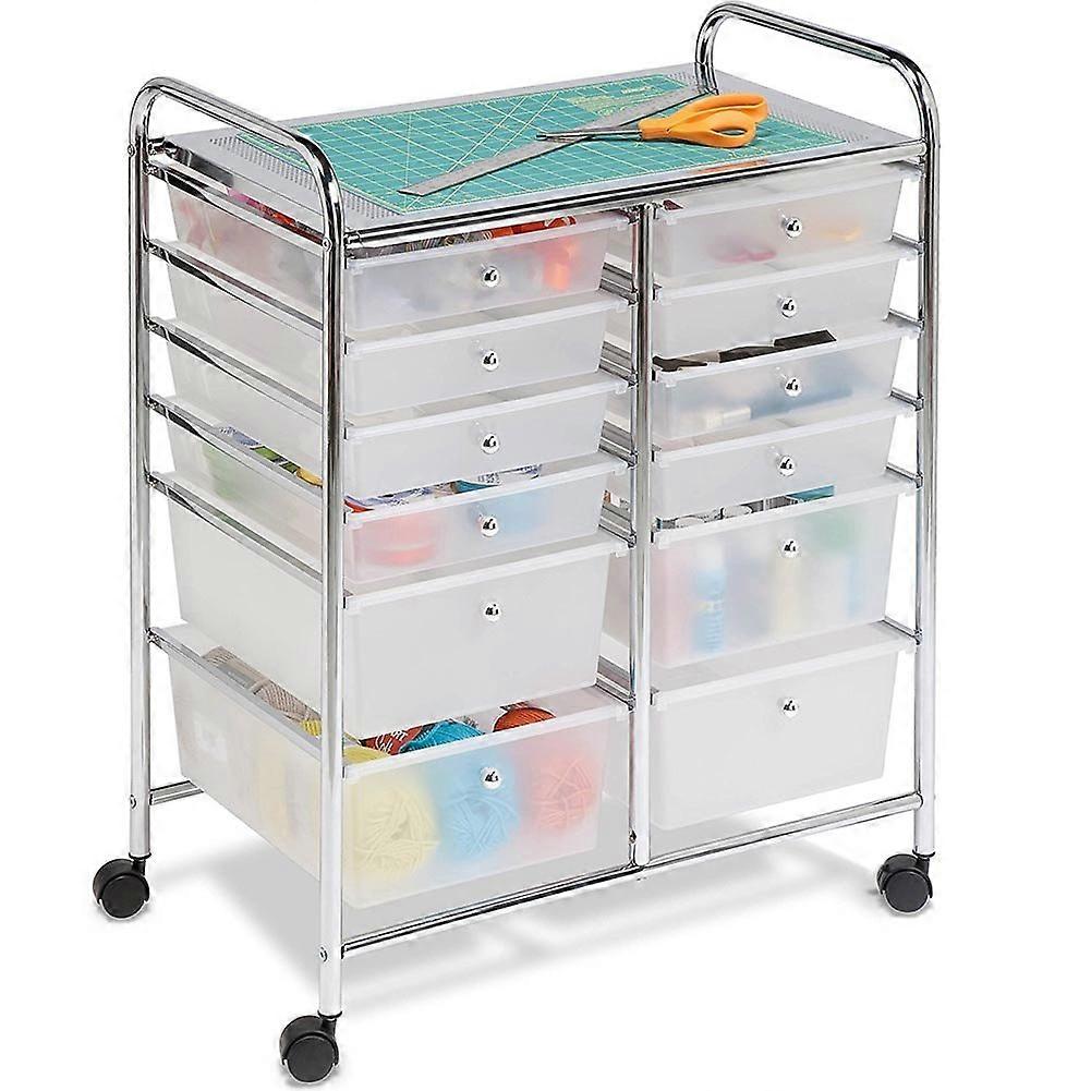 Double Storage Trolley with 12 Drawers, Chrome Plated Metal, 39 x 60 x 76 cm, White, Four Wheels for Easy Mobility