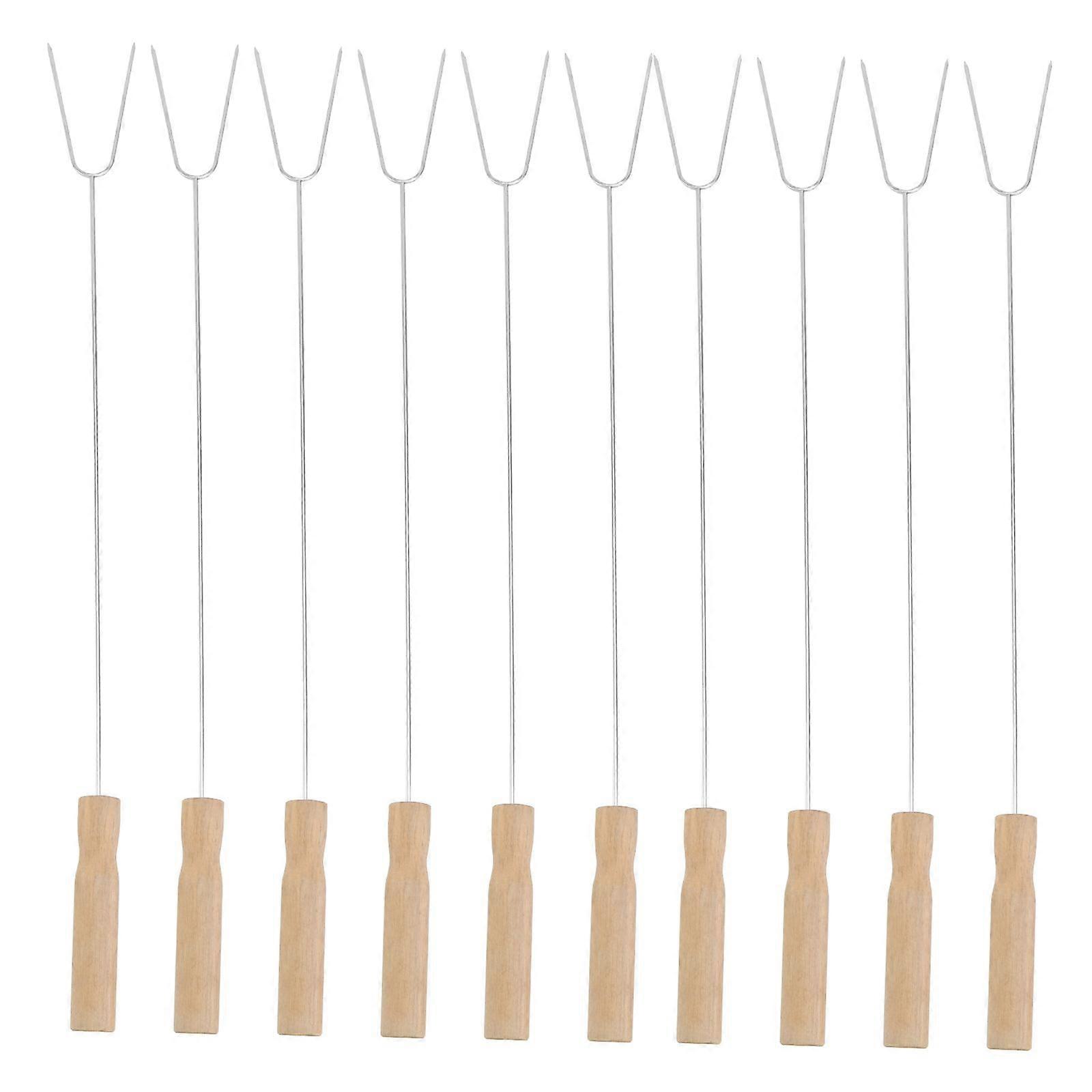 15pcs Stainless Steel Barbecue Fork Wooden Handle Roasting Fork Barbecue Tool