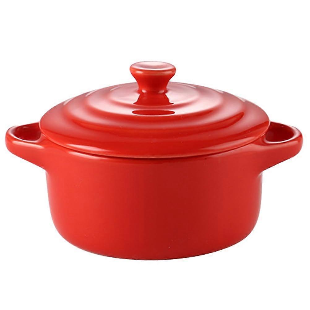 Double Handle Bowl with Lid 13x9.8x7.5CM Red Microwave Safe Japanese Soup Bowl Frying Serving Dish
