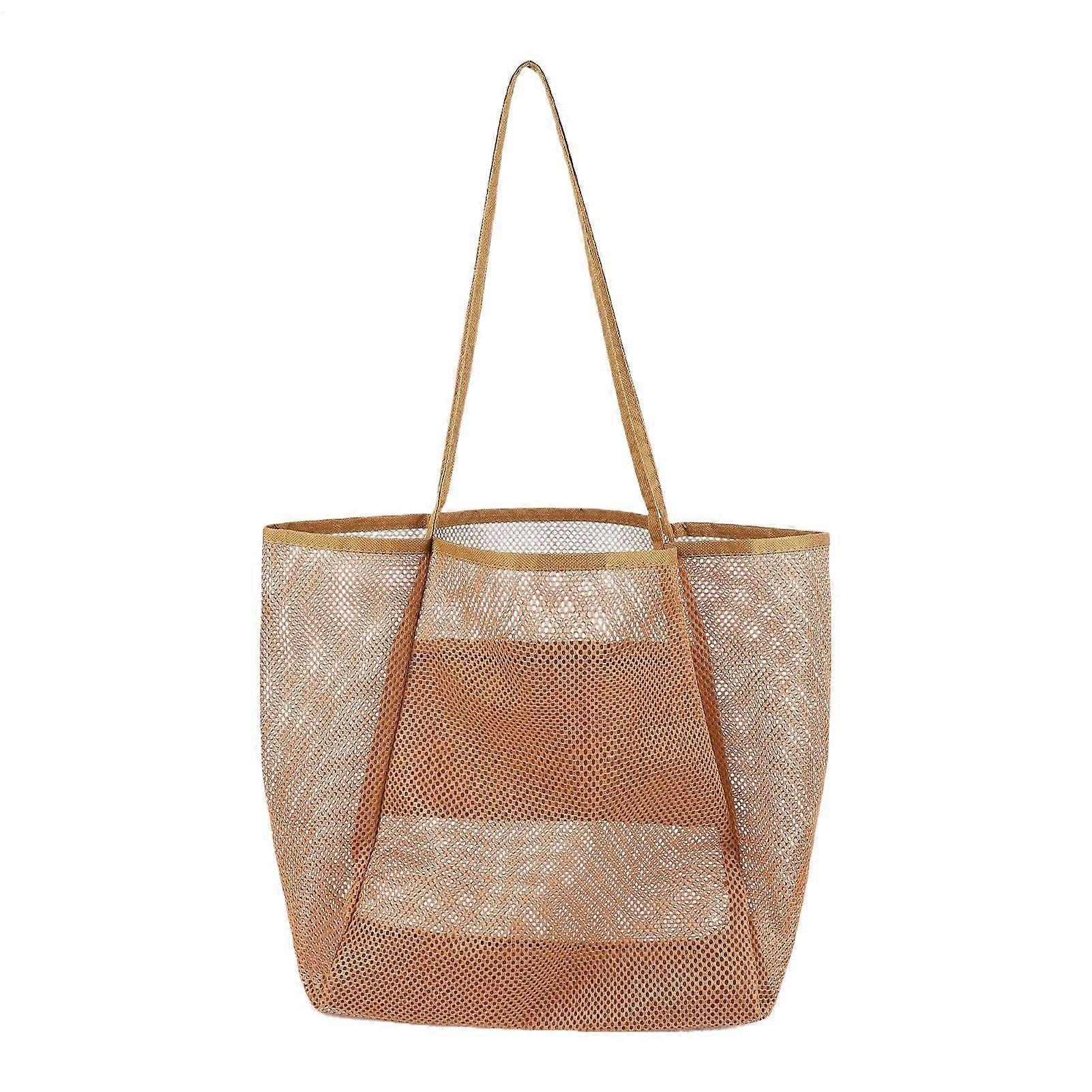 Beach bag Large beach bag with mesh inserts, foldable organizer with sports storage, reusable bag for camping, school, gym, picnic outdoor, brown