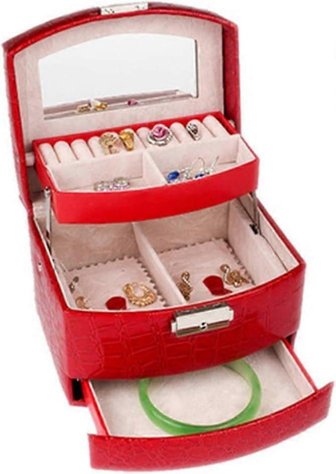 Three-Tier Jewelry Box with Large Capacity, European Style Leather Organizer with Lock and Mirror for Rings and Earrings