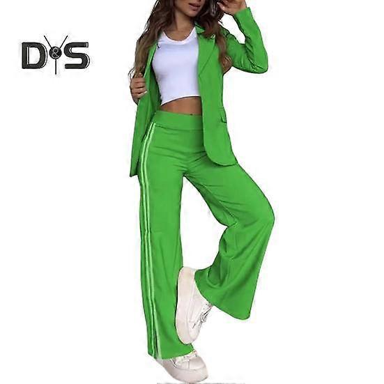 2 Pcs/Set Lady Formal Coat Pants Set Turn-down Collar Long Sleeves Jacket Loose Striped Wide Leg Trousers Casual Daily Wear Commuting Outfit