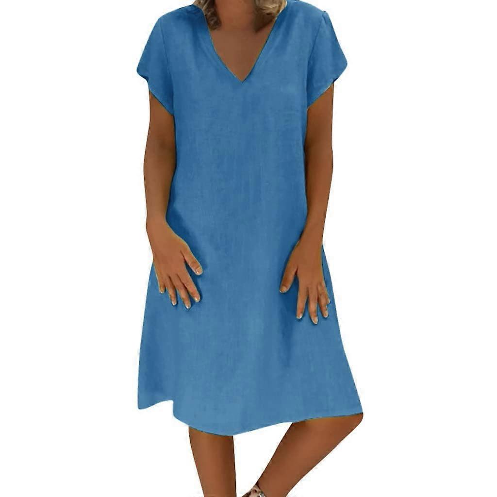 Summer Linen Dresses Elegant A Line Sleeves Large Sizes Light Airy Blue 4XL