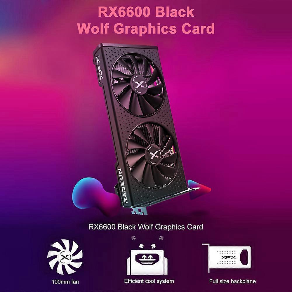 XFX RX 6600 Black Wolf Computer Gaming Graphics Card 8GB/128bit/GDDR6 Memory 10cm Dual Cooling Fans Full-size Metal Backplane