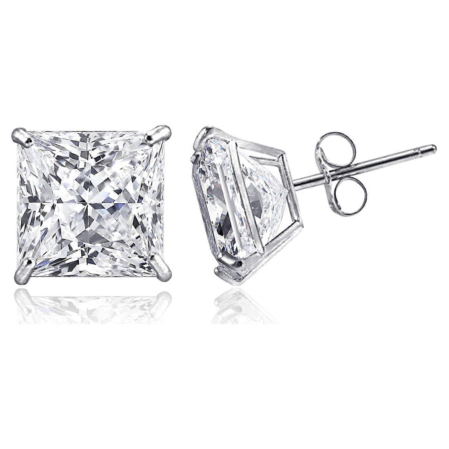 Tioneer 14K Solid White Gold Minimalist Square-Cut Princess CZ Stud Post Push Back Earrings