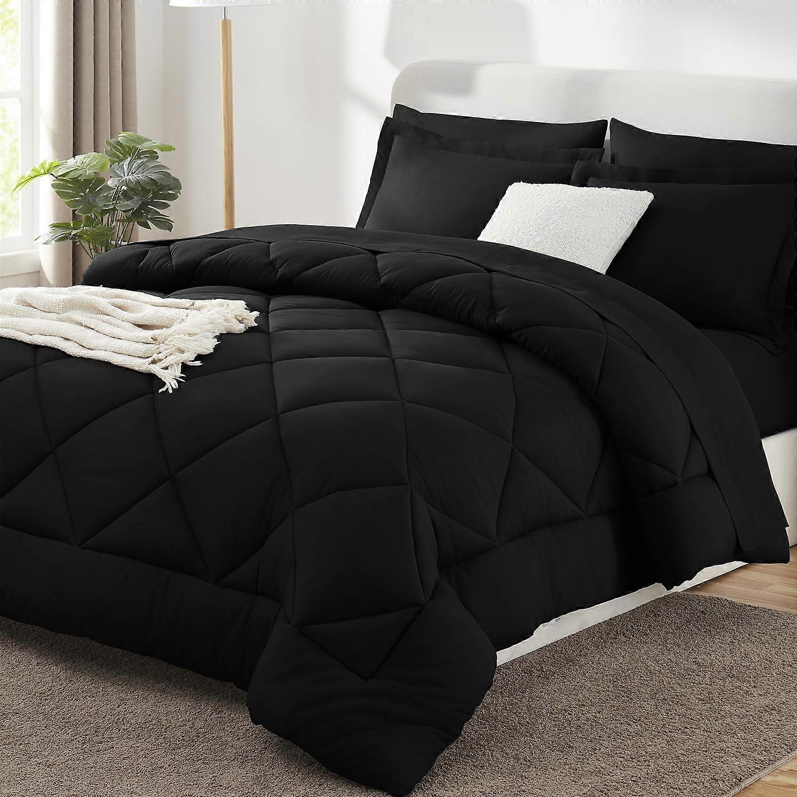 Comforter Set 7 Piece All Season Black Bedding with Sheets Pillowcases and Shams