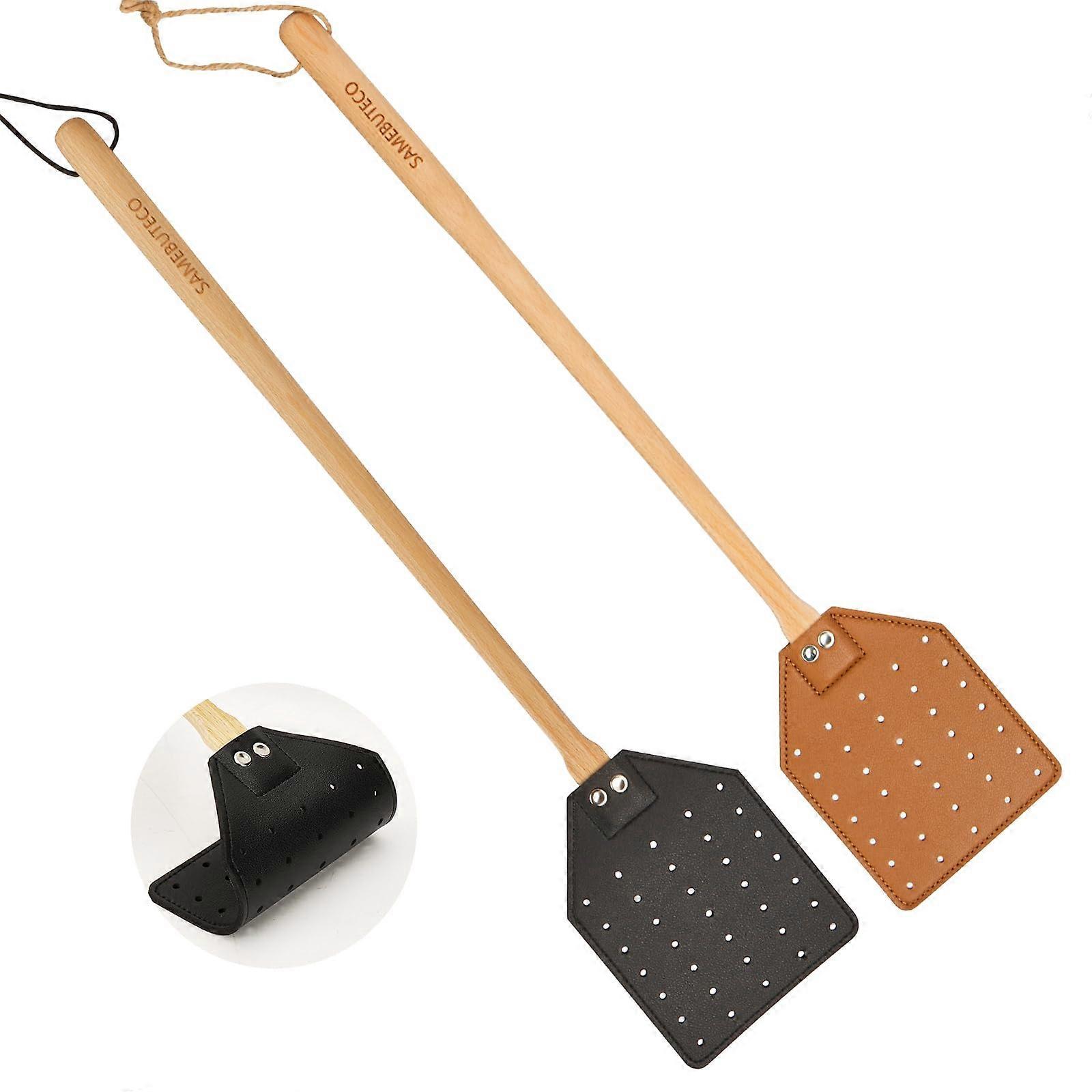 Leather Fly Swatter Set of 2 with Wooden Handle, 19.7' Grey and Black Insect Catcher for Home