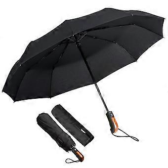 Automatisk foldbar paraply, kompakt, solid, foldbar sort, vandtæt, vindtæt rejseparaply med 10 ribber, diameter 106 cm