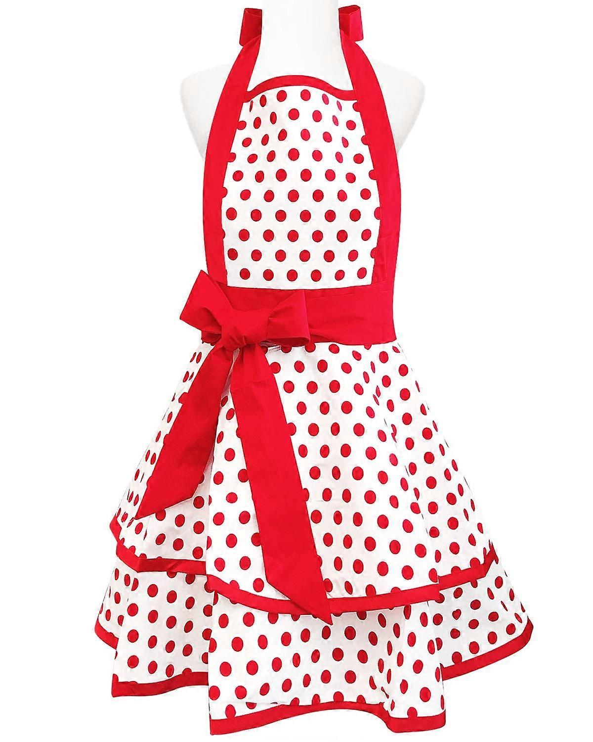 Vintage Kitchen Apron for Women 50s Red Polka Dot Full Coverage Adjustable Double Layered