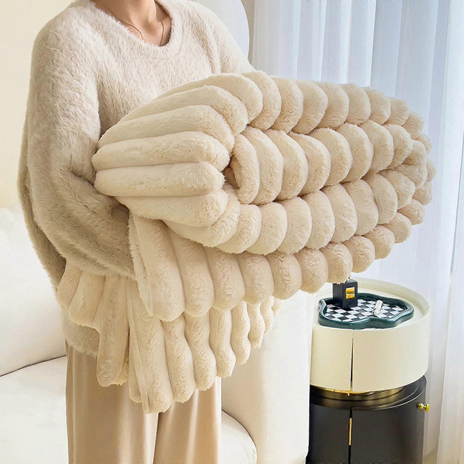 Ultra Soft Fleece Throw Blanket for Couch, Warm White Stripe Plush Sofa Blanket 100x150cm