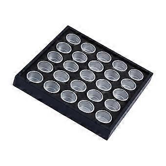 Opbergdoos voor nagelkunst met transparante aluminium potjes voor sieradenkralen en manicure-accessoires. Georganiseerde displaylade in multicolor.