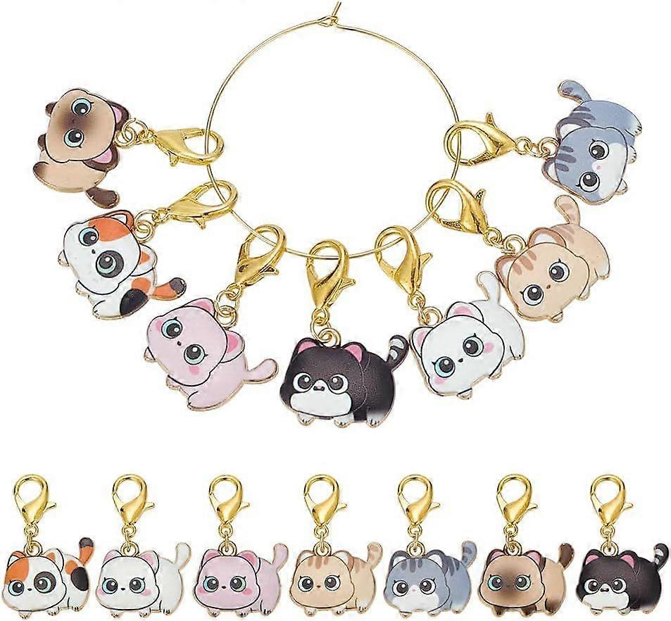 2 Sets Cute Cat Stitch Markers 7 Styles Alloy Enamel Removable Crochet Stitch Marker Charms with Lobster Claw Clasps for Crocheting Knitting Quilting 