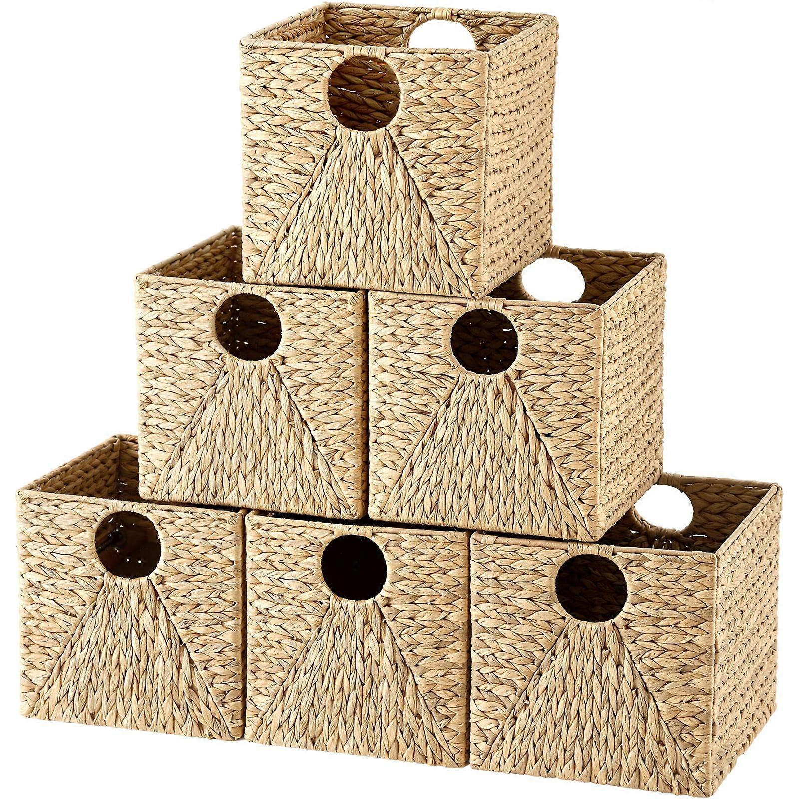 6 Pcs Water Hyacinth Wicker Storage Basket with Handles 12x12x12 Inch Cube Bin for Shelves