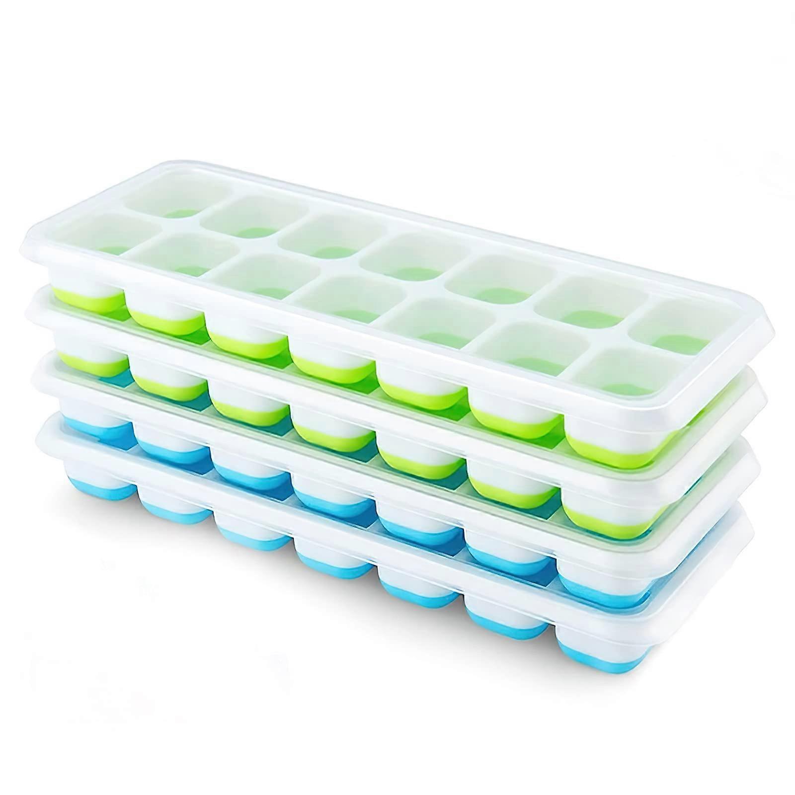 Ice Cube Trays 4 Pack Silicone with Lids Easy Release BPA  Stackable for Freezer Cocktails Blue Green