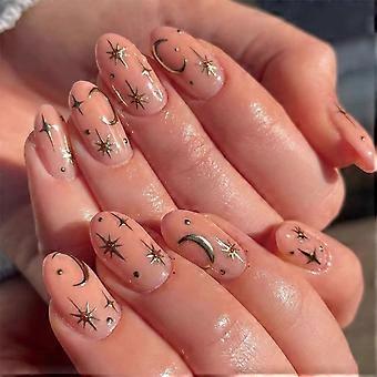 Almond Press On Nails Short Acrylic Set with Star and Moon Design Reusable Natural 24 Pcs