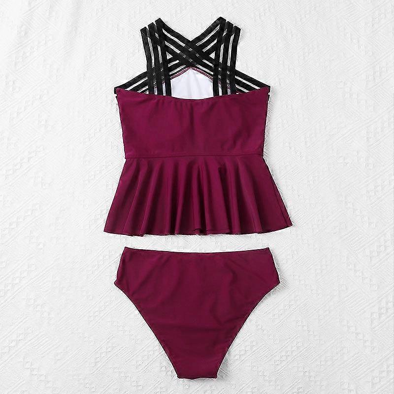 Cross - shoulder Strapless Solid Color Split Swimsuit for Women